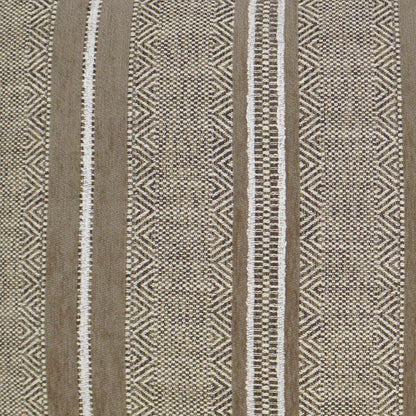 Pillow covered in mocha brown woven fabric with vertical beige and white striped geometric pattern; 24" x 24