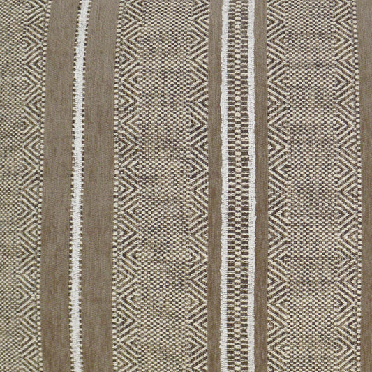 Woven earthy rug with brown, beige and cream geometric stripes and chevron motifs; rustic tribal style.
