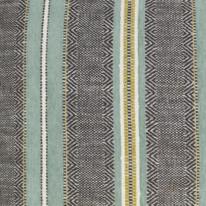 Pillow with vertical stripes in mint green, charcoal and cream with mustard zigzag chevrons.