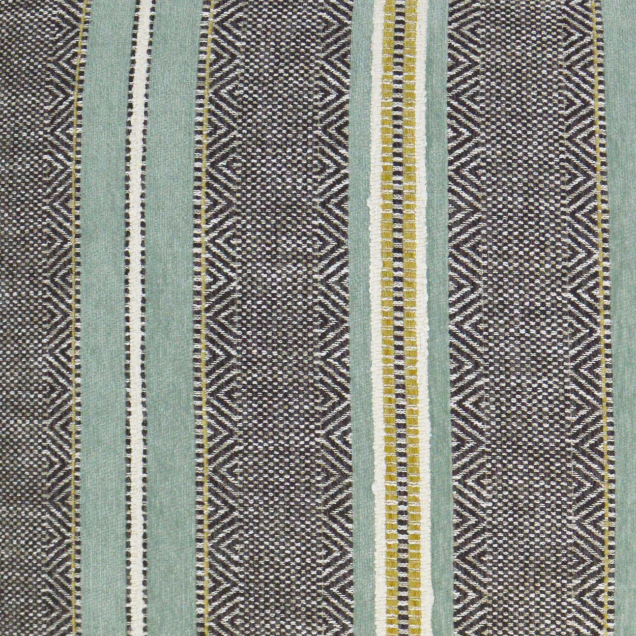 Close-up woven fabric with teal and brown vertical stripes, geometric zigzag patterns and mustard-yellow accents.