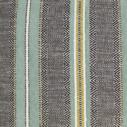 Close-up woven fabric with teal and brown vertical stripes, geometric zigzag patterns and mustard-yellow accents.