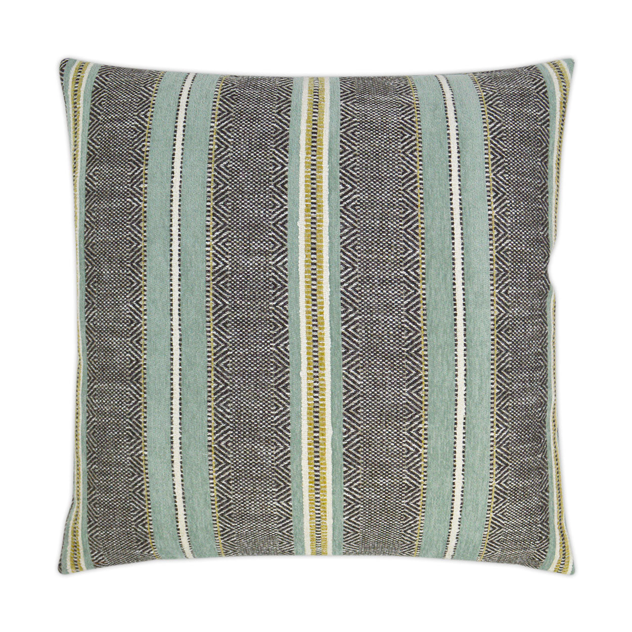 Square woven pillow with teal, gray and ivory stripes, zigzag accents and yellow piping, 24" x 24