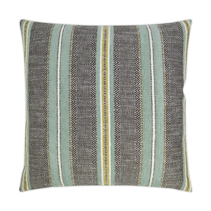 Square woven pillow with teal, gray and ivory stripes, zigzag accents and yellow piping, 24" x 24