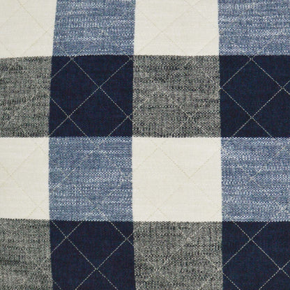 Blue and white buffalo plaid pillow with dark navy squares and diagonal stitched diamonds, 24" x 24