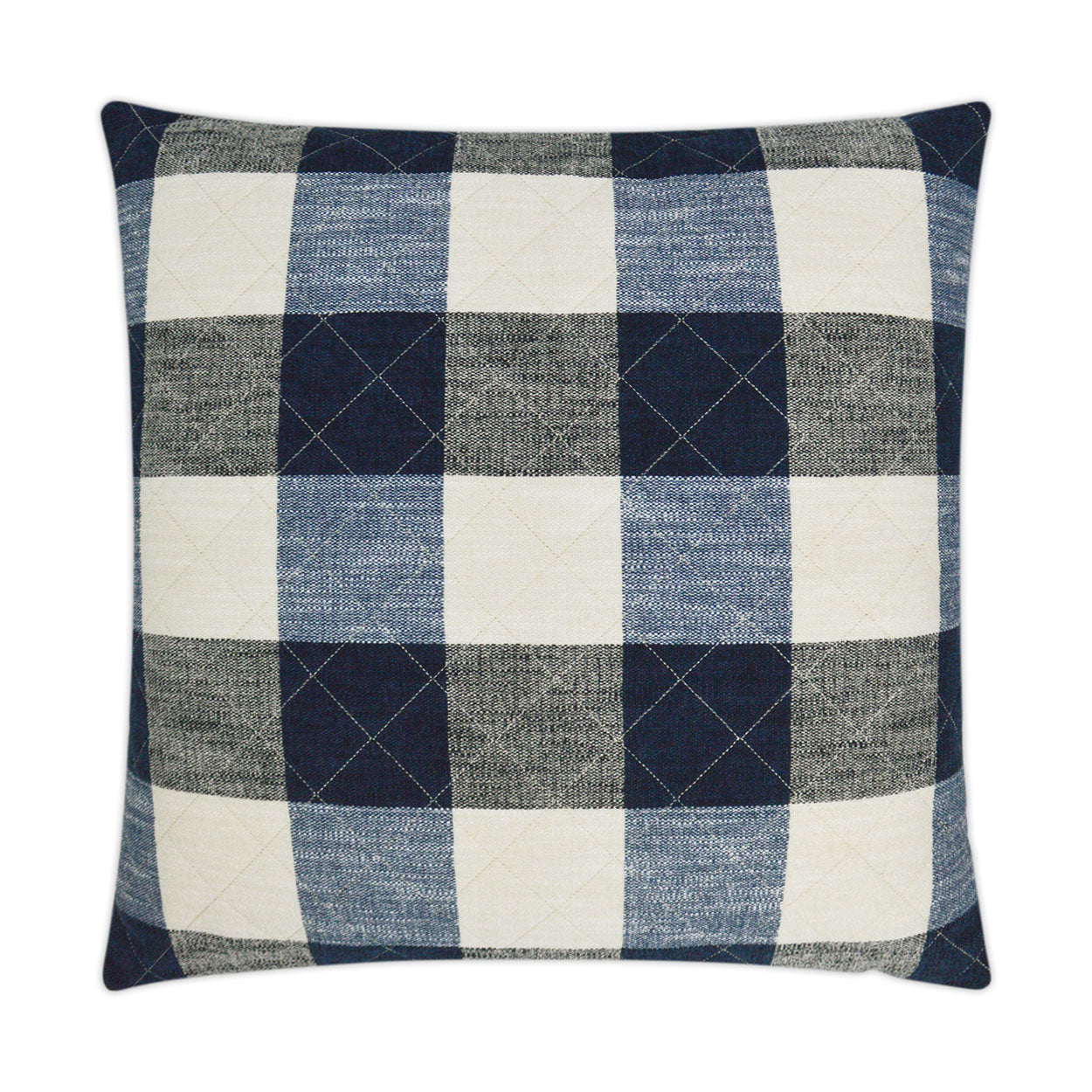 Square buffalo plaid quilted pillow in navy & cream & gray; cozy decorative cushion.