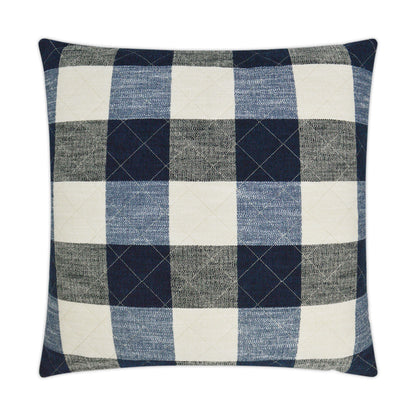 Square buffalo plaid quilted pillow in navy & cream & gray; cozy decorative cushion.