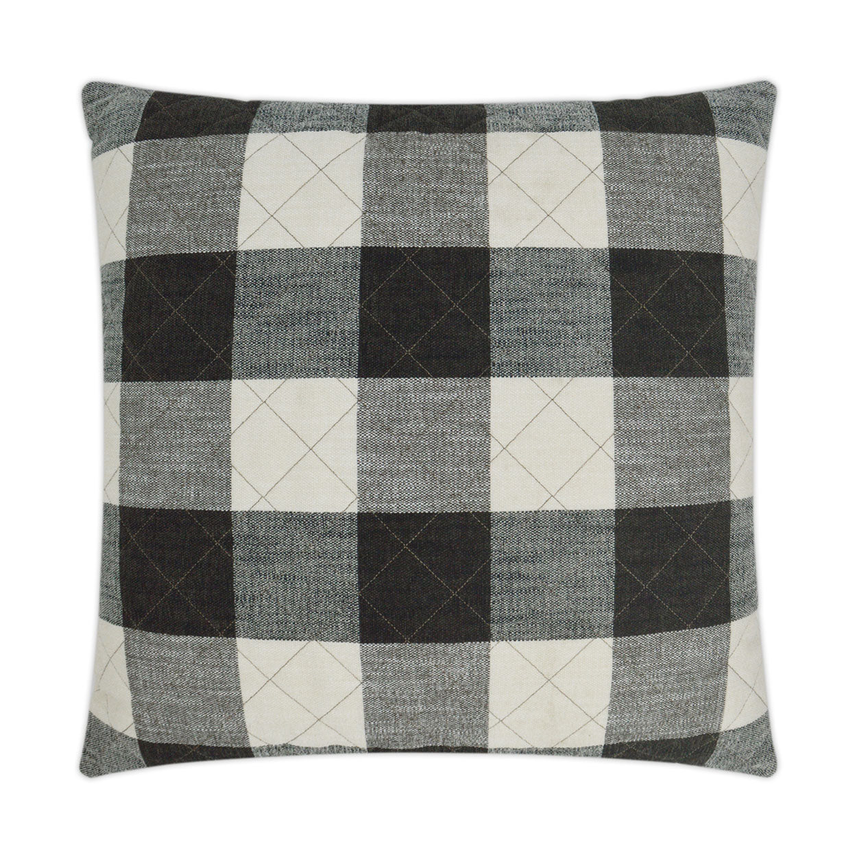 Square 24" x 24" pillow in black, gray & white buffalo plaid with subtle stitched diamonds on woven fabric.