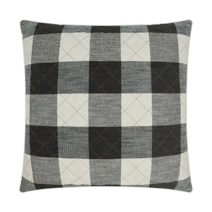 Square 24" x 24" pillow in black, gray & white buffalo plaid with subtle stitched diamonds on woven fabric.