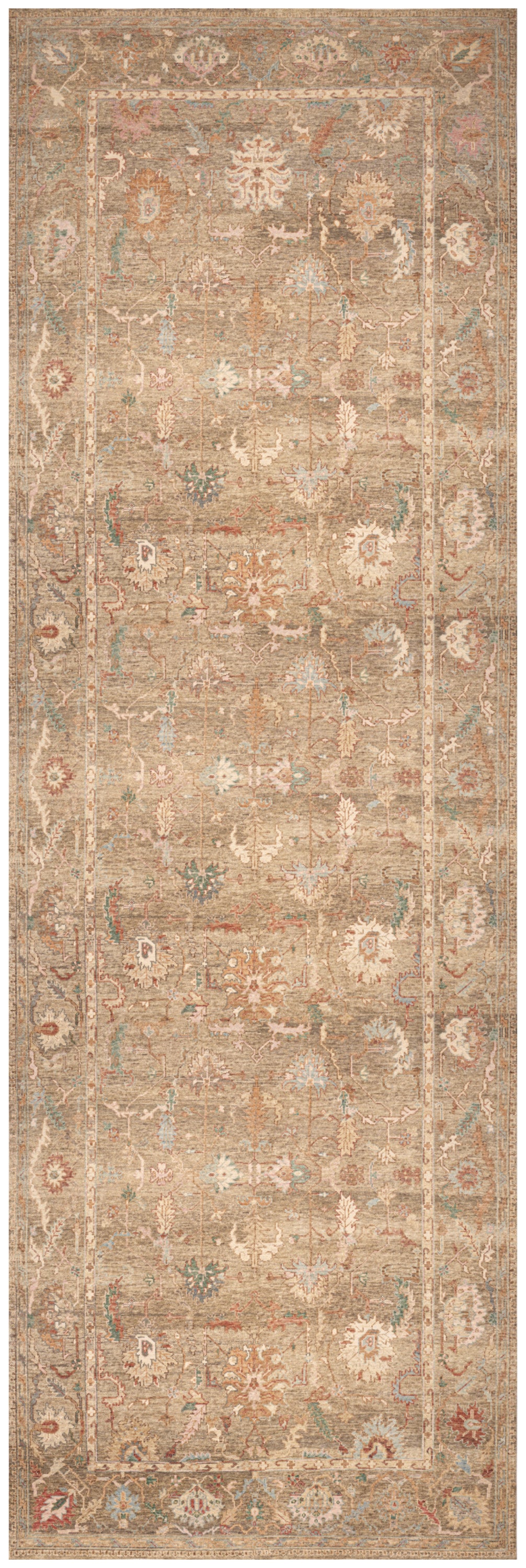 Beige distressed oriental rug runner with faded cream floral motifs and pale blue and pink accents, bordered.