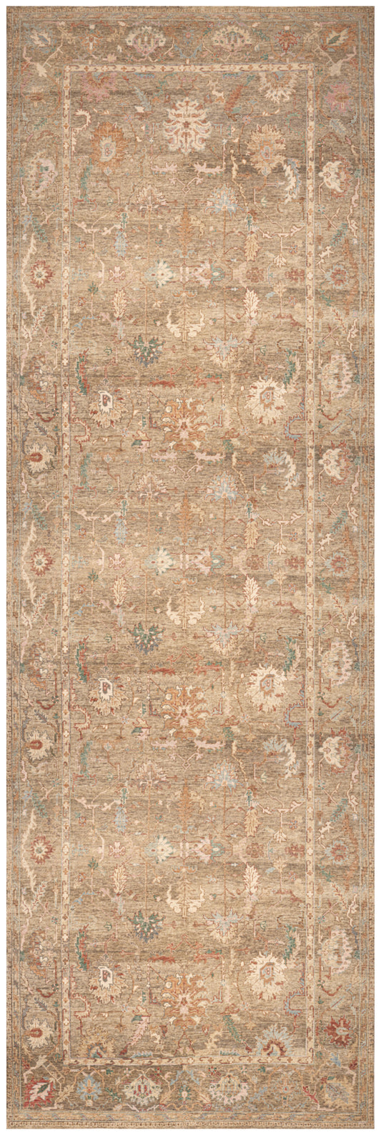 Beige distressed oriental rug runner with faded cream floral motifs and pale blue and pink accents, bordered.