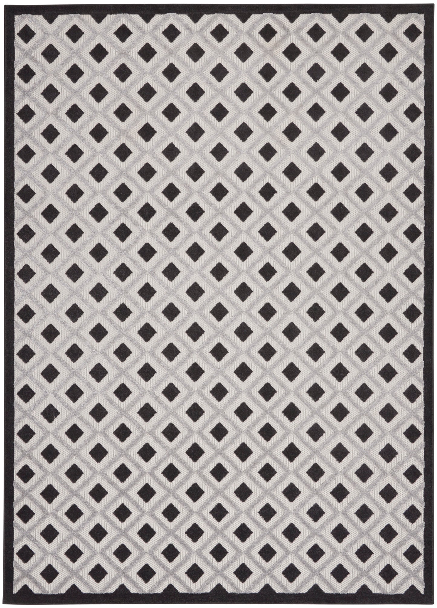 Cream woven rug with black diamond lattice pattern and dark border.