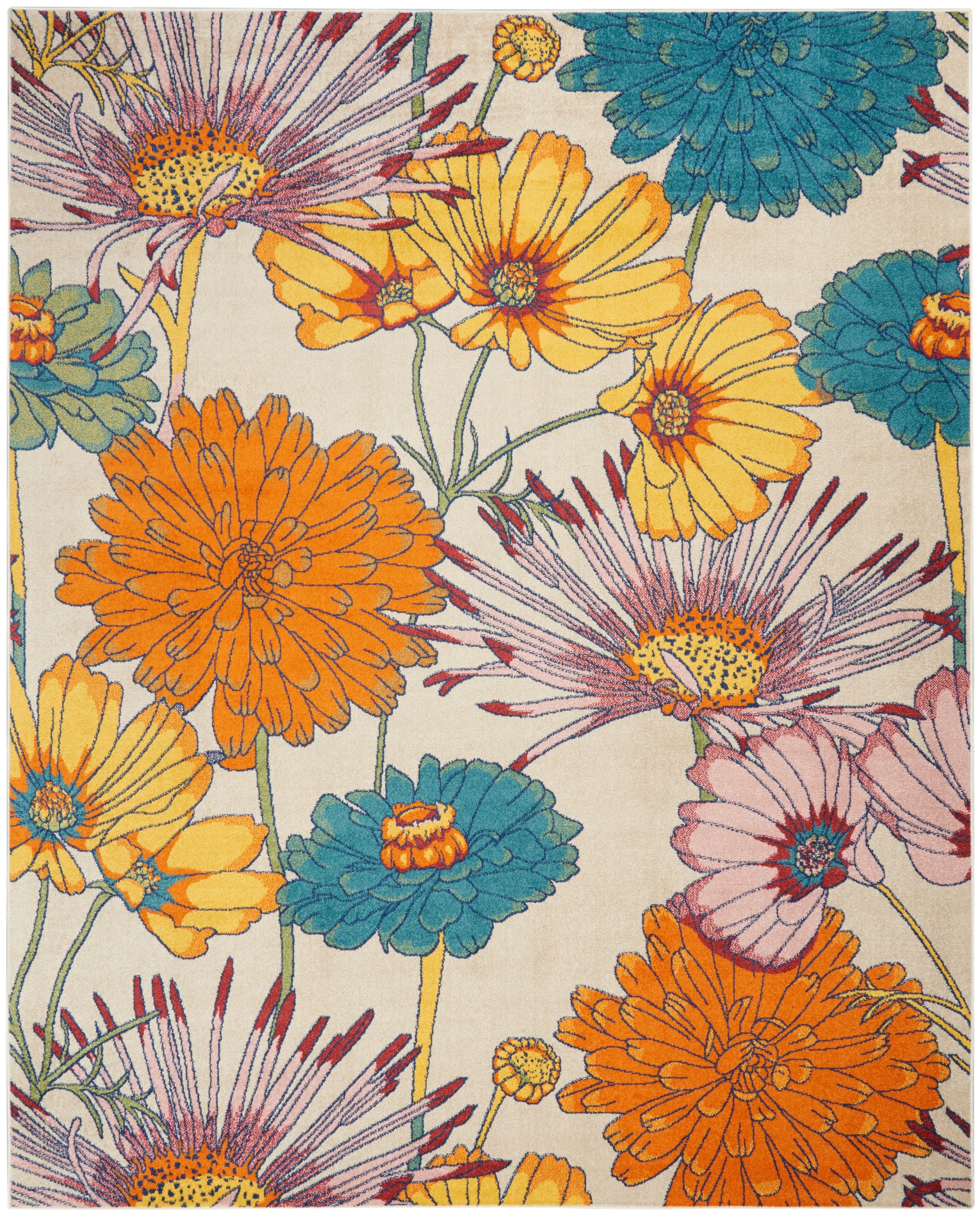 Colorful floral area rug with oversized orange, yellow, teal and pink blooms on cream background; bold botanical pattern.