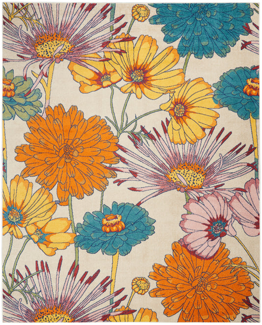 Colorful floral area rug with oversized orange, yellow, teal and pink blooms on cream background; bold botanical pattern.