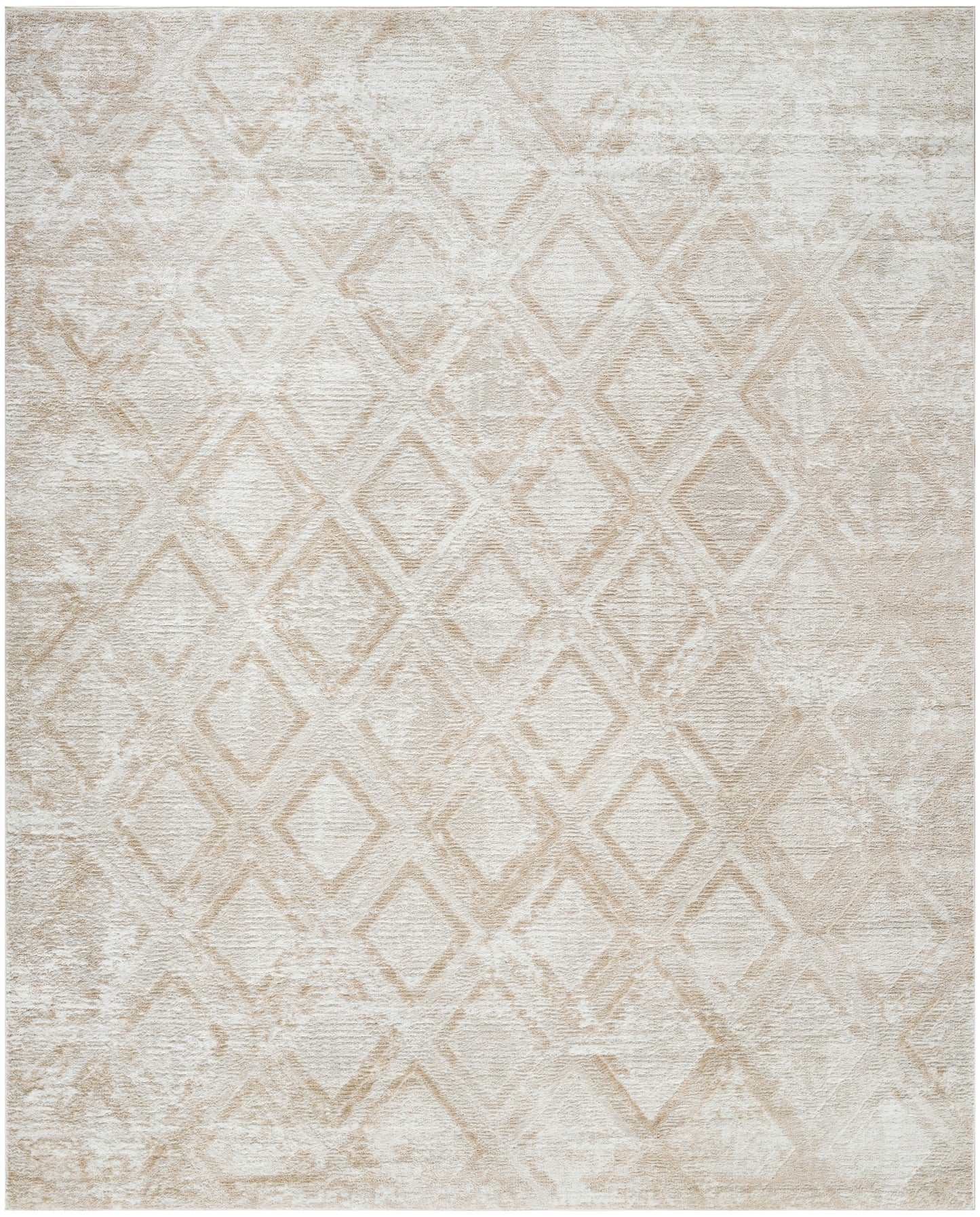 Neutral beige area rug with a subtle diamond lattice pattern and distressed vintage texture.