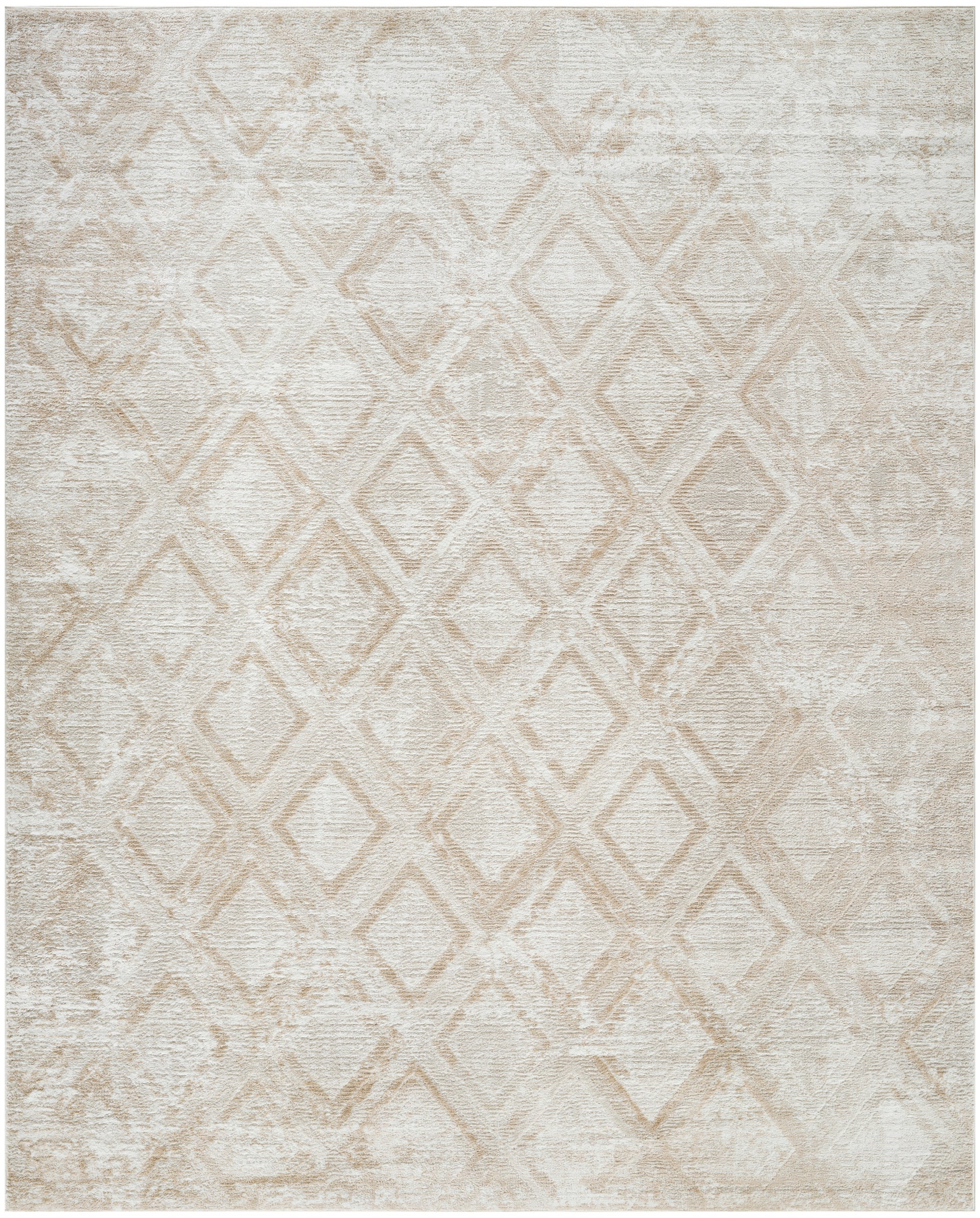 Neutral beige area rug with a subtle diamond lattice pattern and distressed vintage texture.