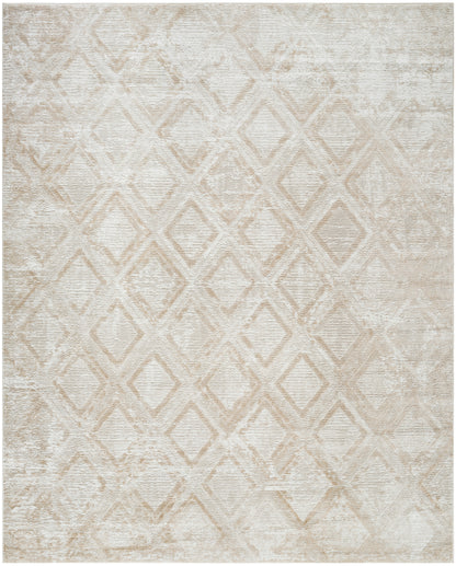 Neutral beige area rug with a subtle diamond lattice pattern and distressed vintage texture.