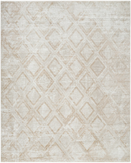 Neutral beige area rug with a subtle diamond lattice pattern and distressed vintage texture.