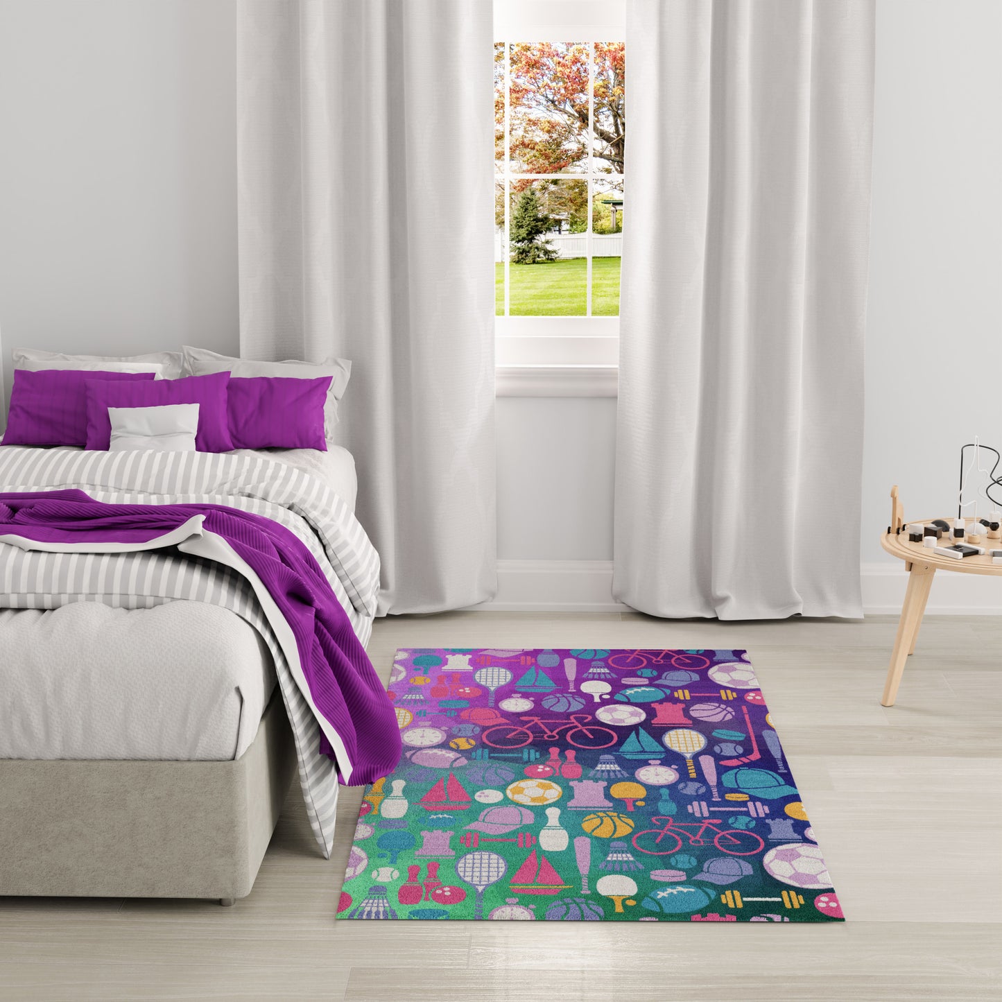 Cozy modern bedroom with gray upholstered bed, white/gray striped linens, purple cushions and throw, and a colorful bike rug.