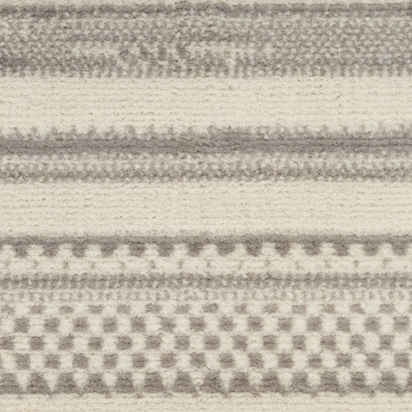 Beige and taupe striped woven rug with a checkerboard band; soft rustic textile for throws or rugs.