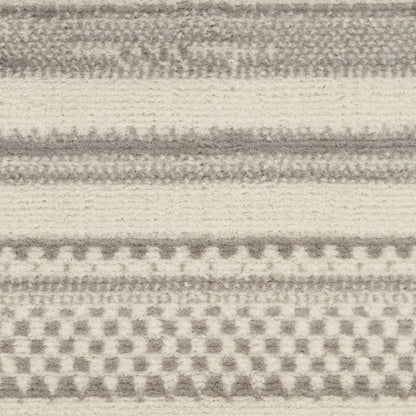 Beige and taupe striped woven rug with a checkerboard band; soft rustic textile for throws or rugs.
