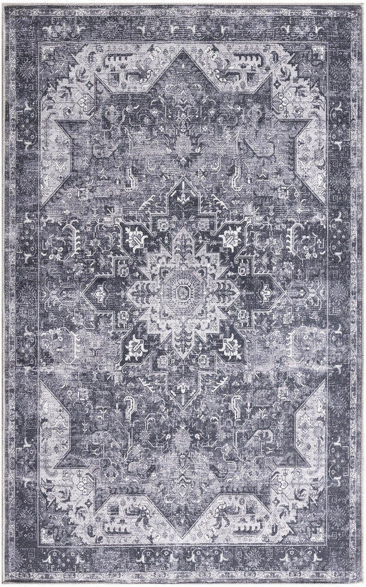 Distressed navy blue Persian-style area rug with central medallion and ornate border for living room decor