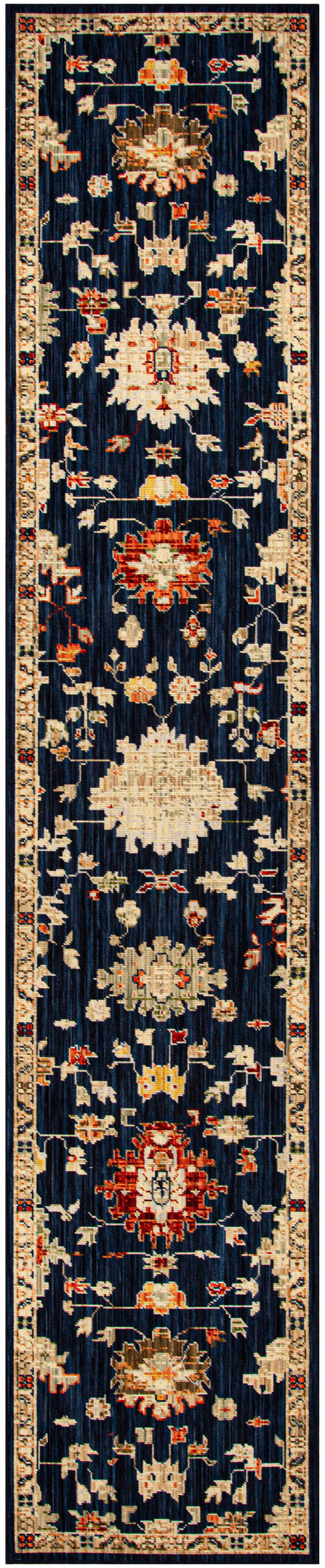 Long navy blue Oriental-style floral runner rug with ivory, cream, red and gold motifs and ornate border.