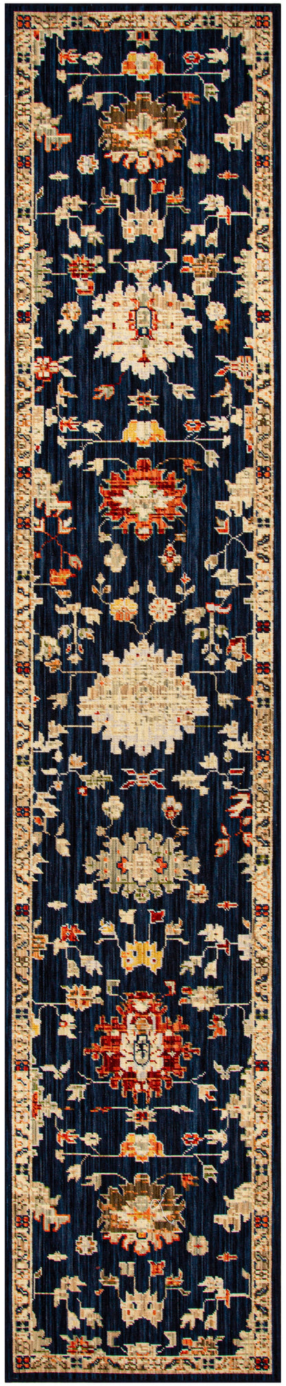 Long navy blue Oriental-style floral runner rug with ivory, cream, red and gold motifs and ornate border.