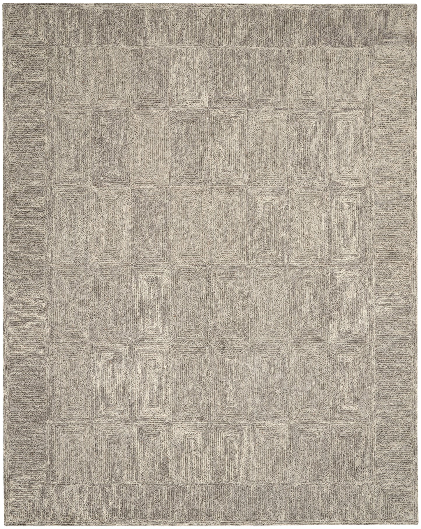 Neutral beige-gray rectangular area rug with a textured concentric rectangle pattern and wide border; modern geometric style.