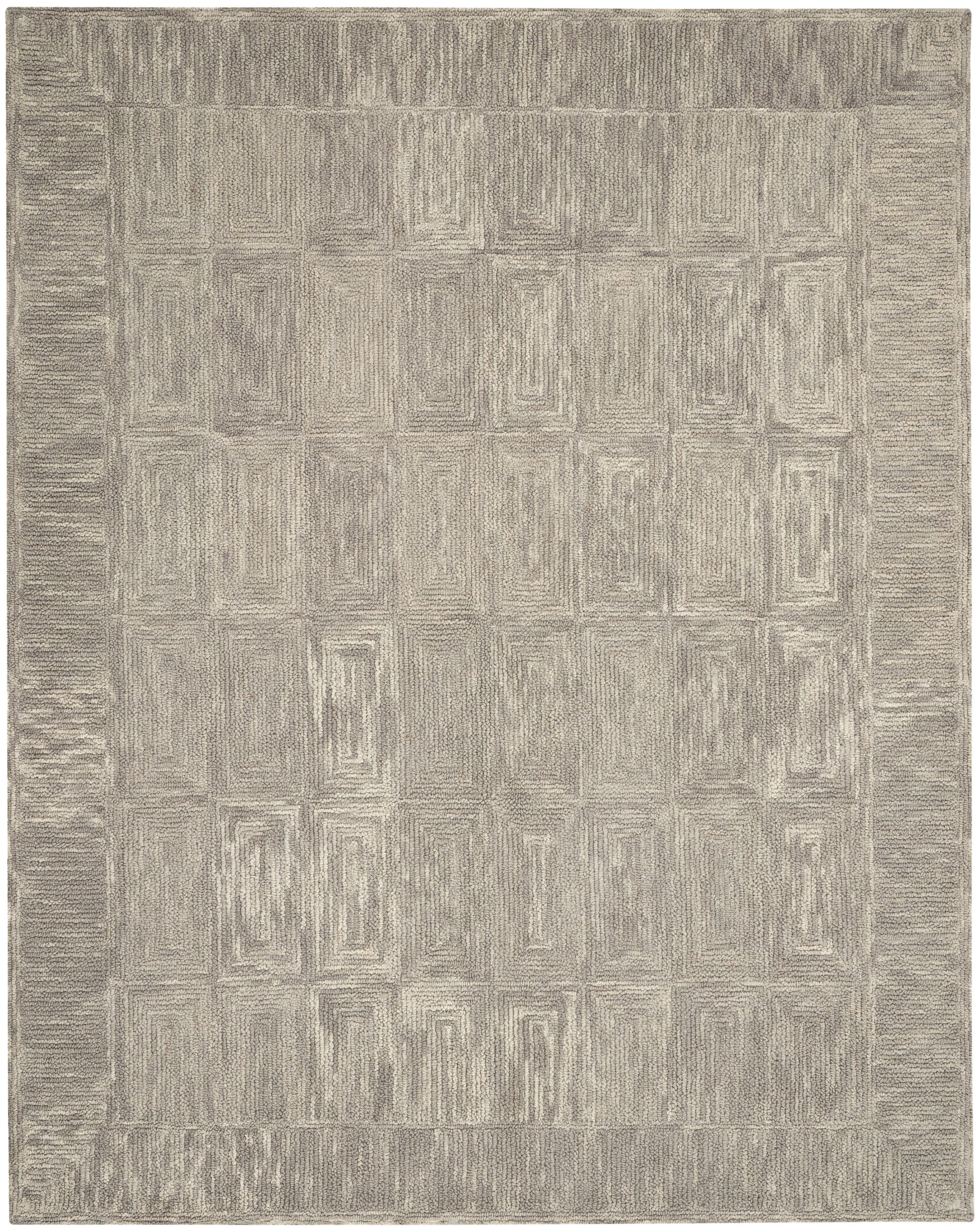 Neutral beige-gray rectangular area rug with a textured concentric rectangle pattern and wide border; modern geometric style.