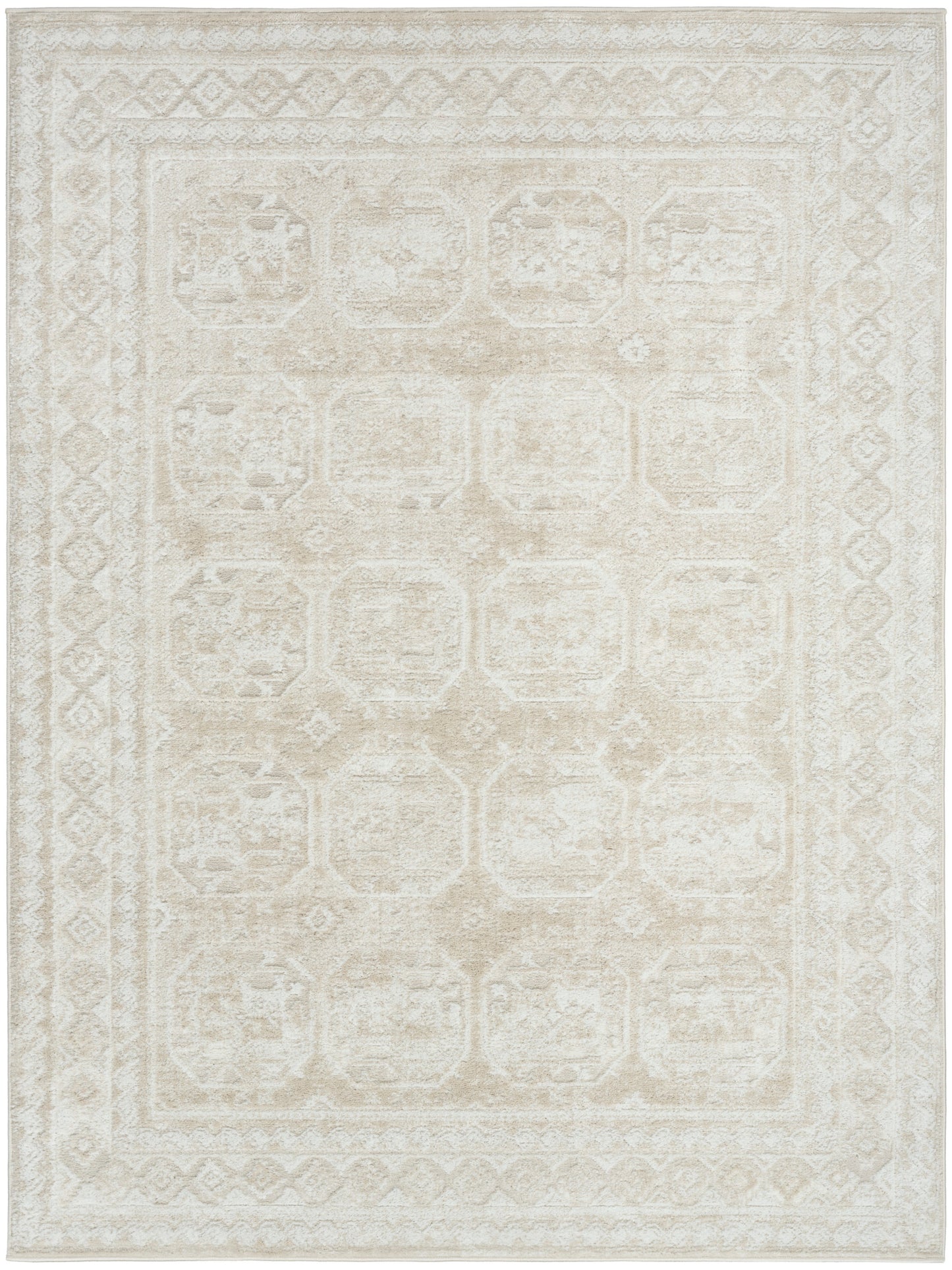 Ivory cream area rug with subtle traditional medallion grid and ornate border.