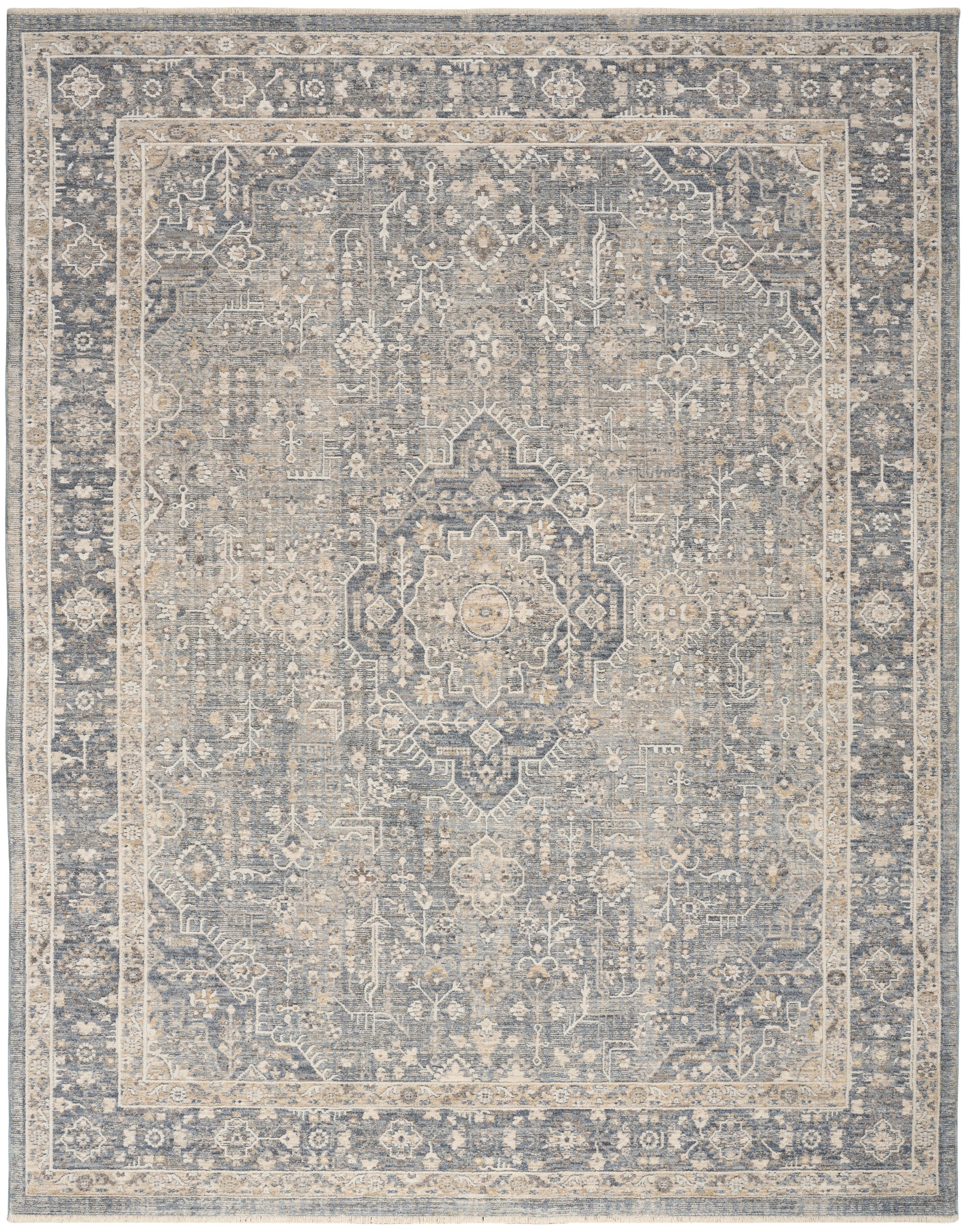 Muted blue and beige oriental area rug with central medallion and ornate border, vintage distressed finish.