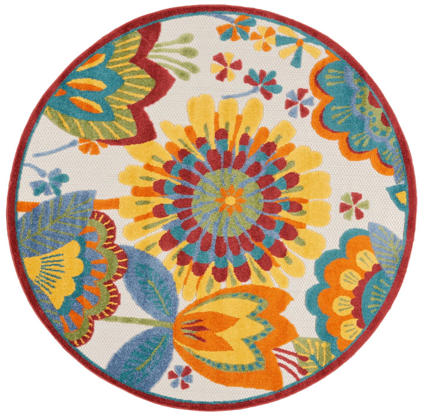 Round floral rug with bold yellow, orange, red, teal and blue blossoms on cream, framed by a red border