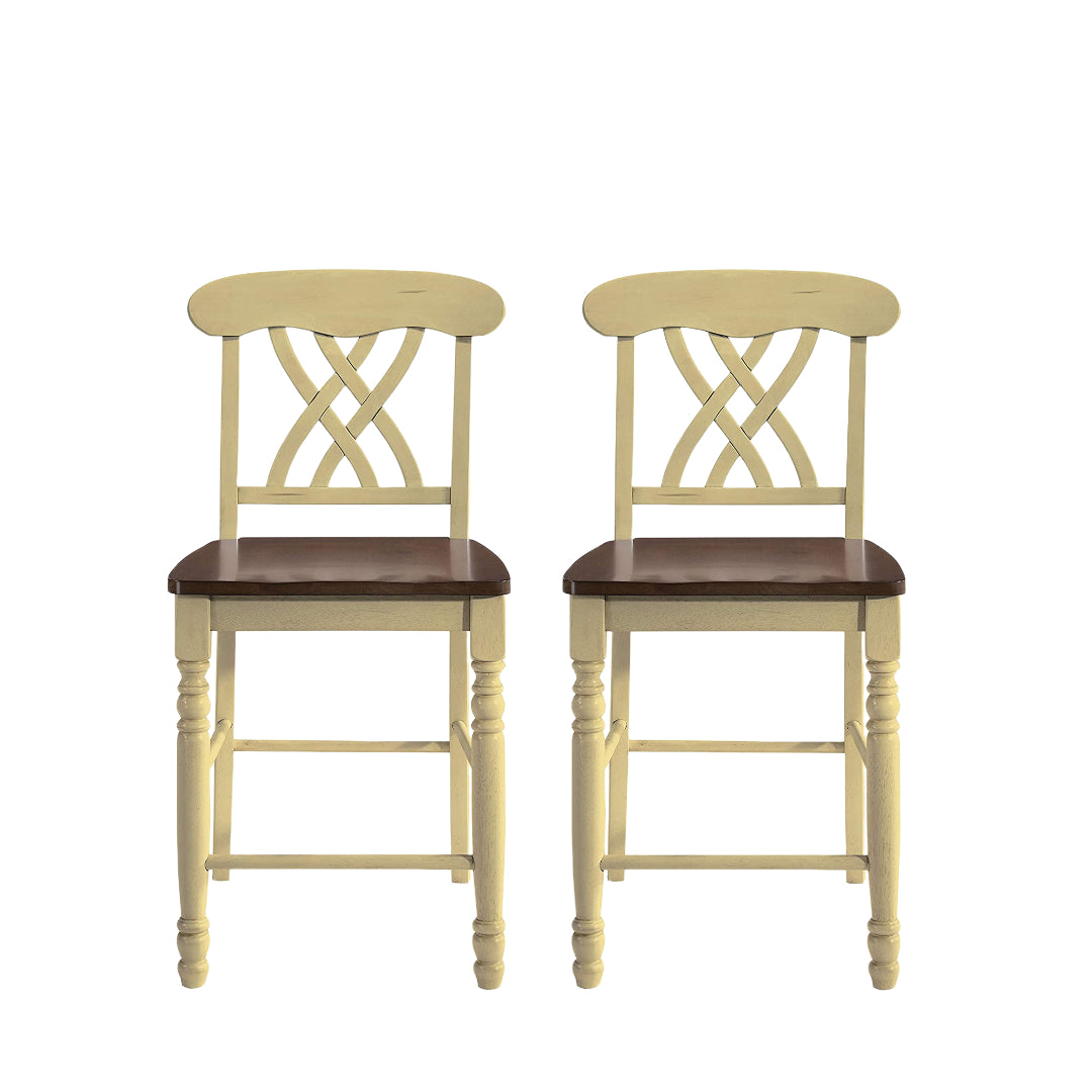 Set of Two Brown And Beige Solid Wood Counter Height Bar Chairs