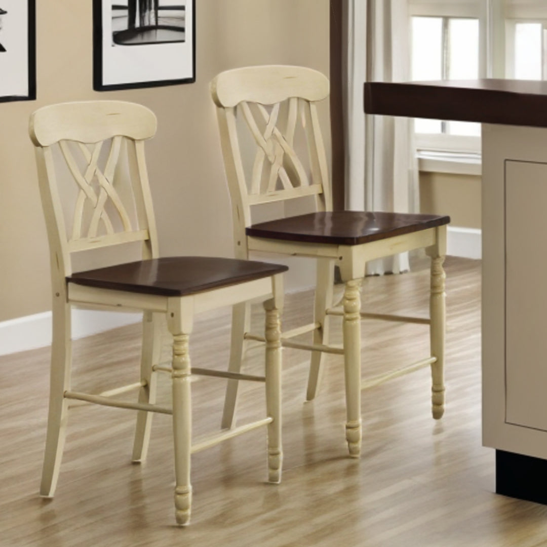 Set of Two Brown And Beige Solid Wood Counter Height Bar Chairs
