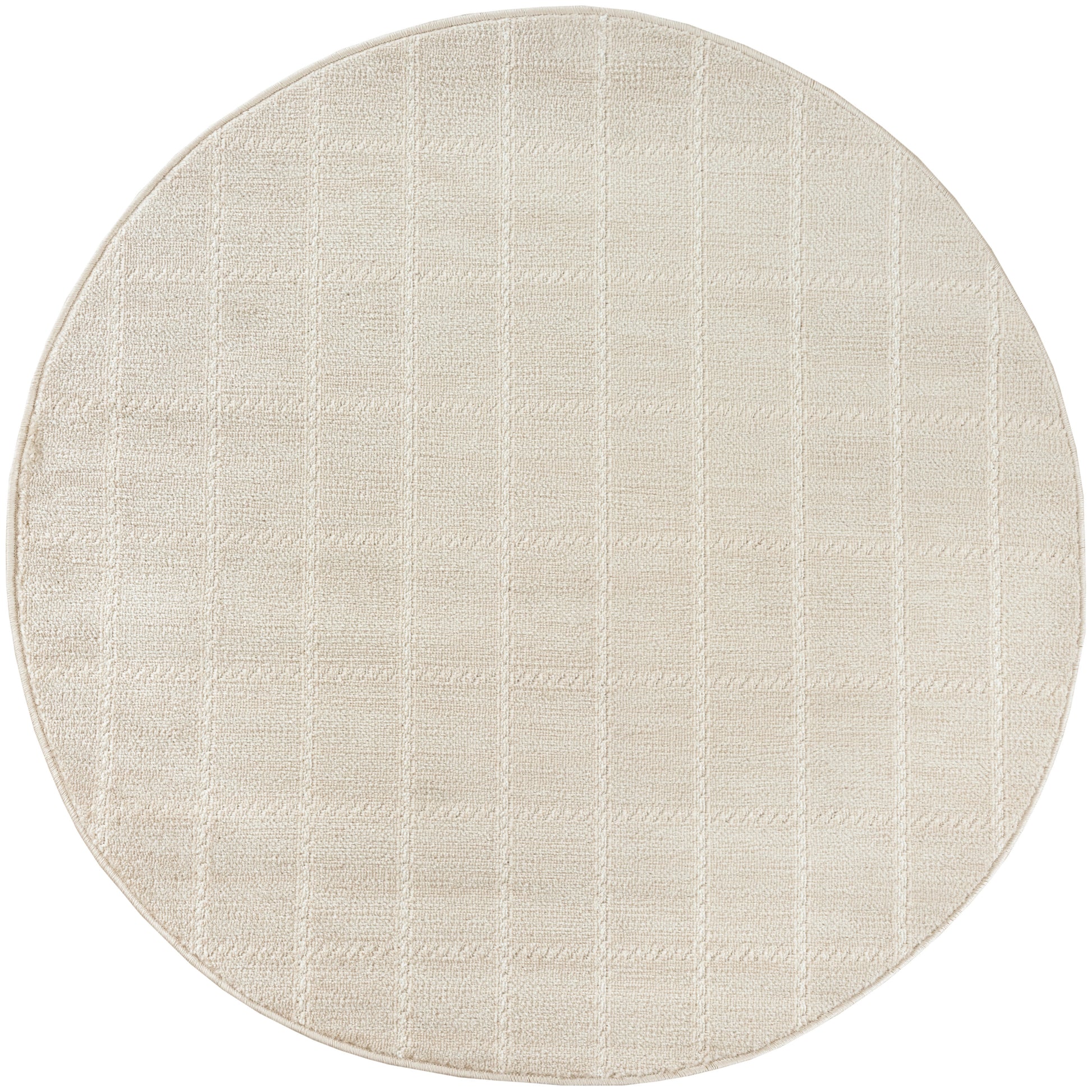 Round beige rug with a soft square-grid texture; neutral floor covering.