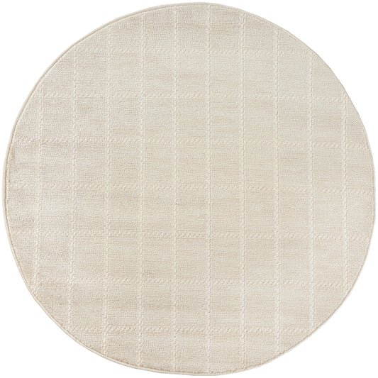 Round beige rug with a soft square-grid texture; neutral floor covering.