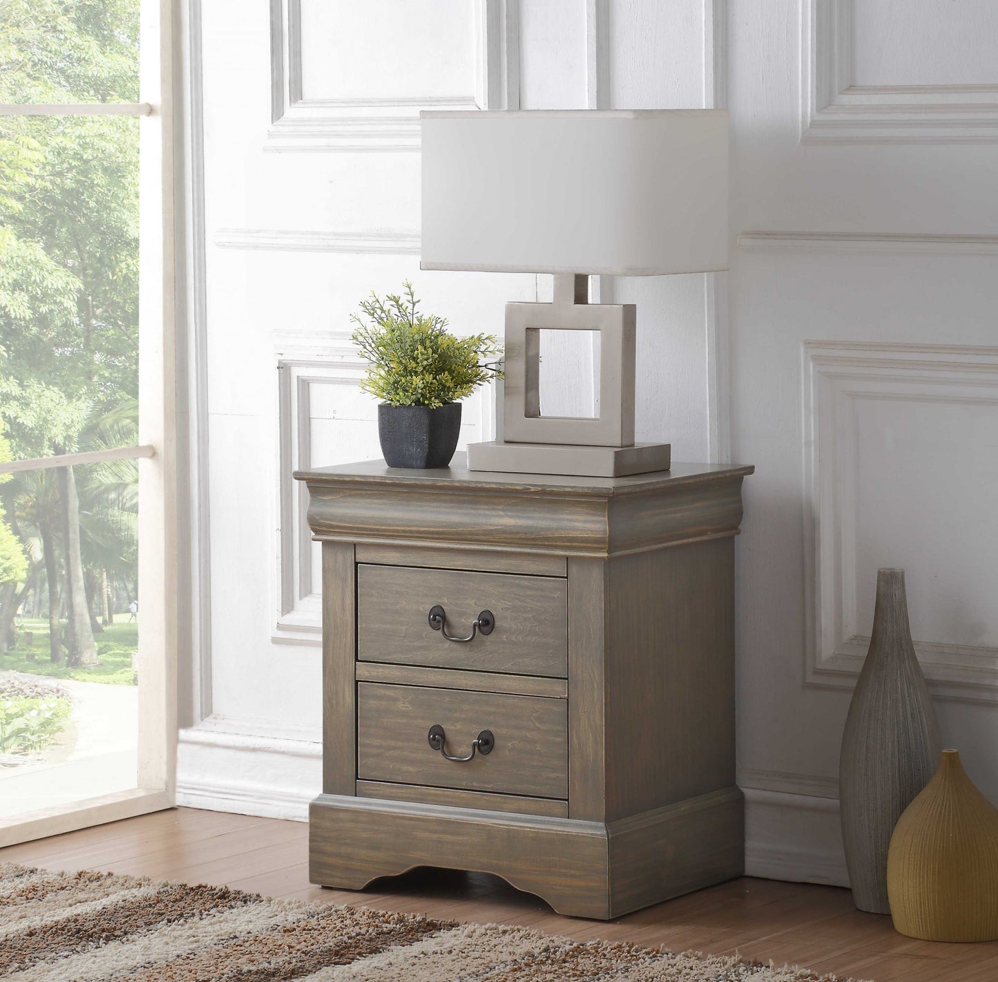 16" Gray Wash Two Drawer Nightstand With Solid Wood Top