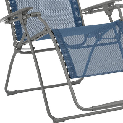 30" Blue and Gray Steel Outdoor Zero Gravity Chair with Blue Cushion