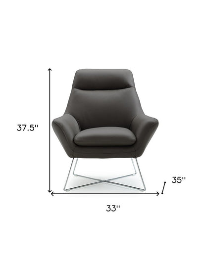 33" Gray and Silver Italian Leather Tufted Arm Chair
