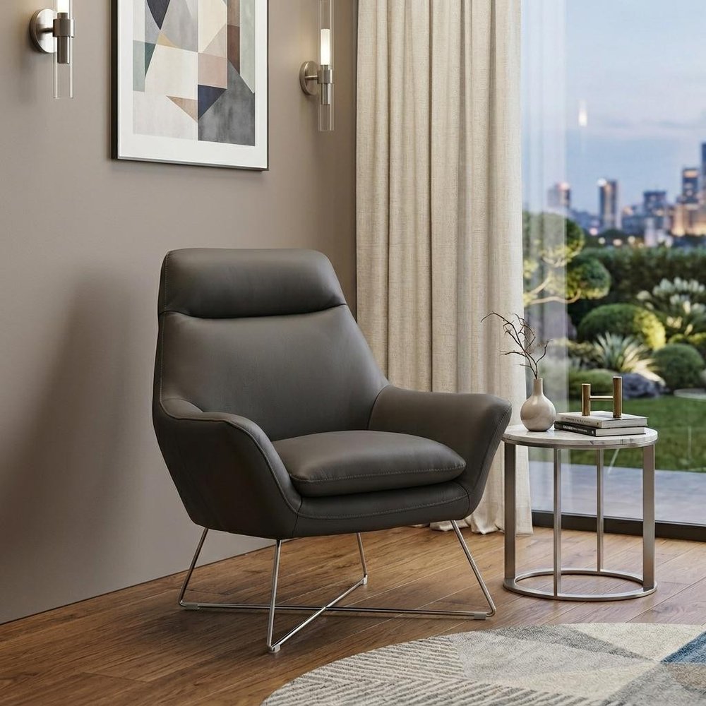 33" Gray and Silver Italian Leather Tufted Arm Chair