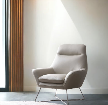 33" Light Gray and Silver Italian Leather Tufted Arm Chair