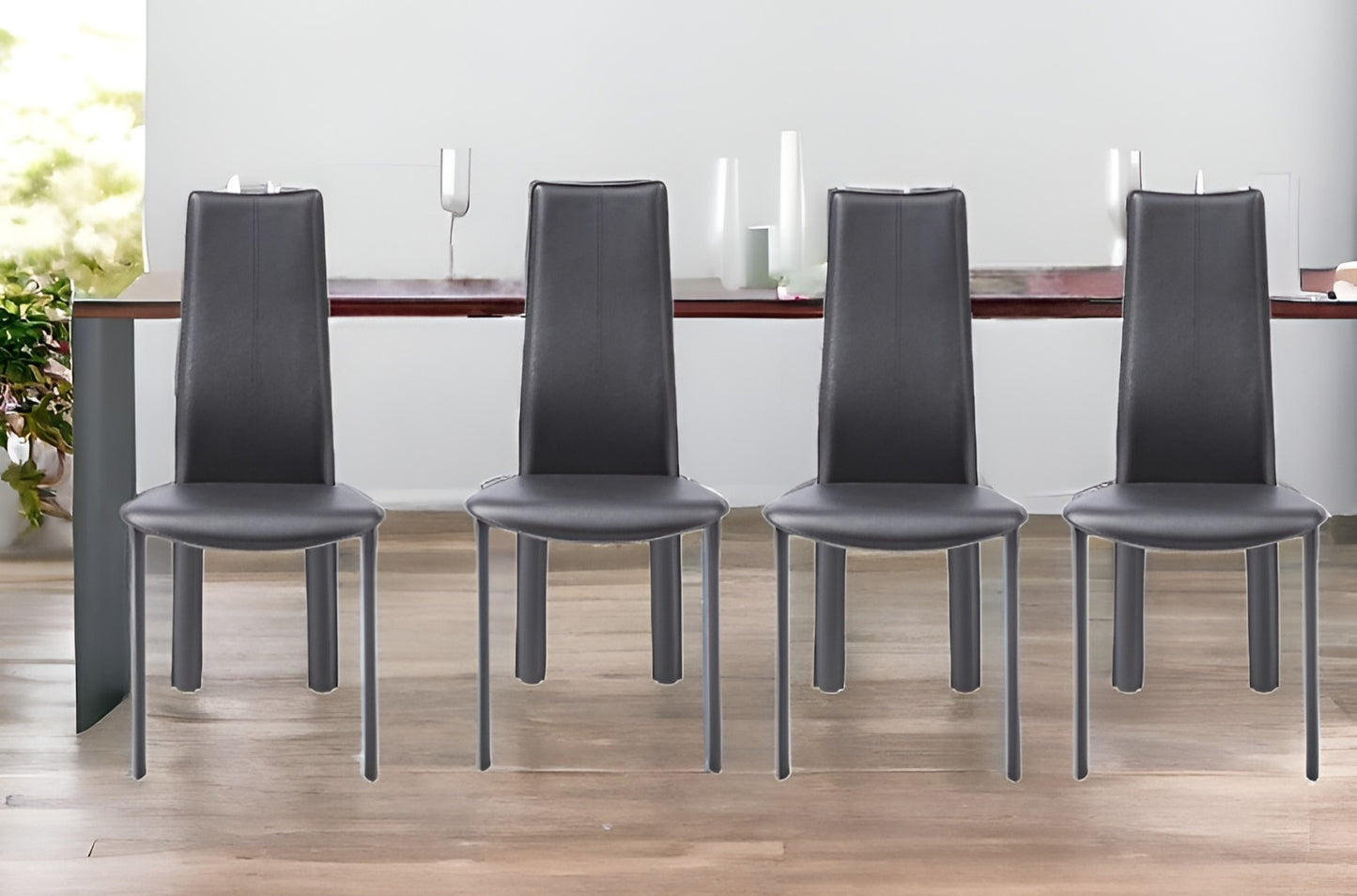 Set of Four Gray Faux Leather Leather Dining Side Chairs