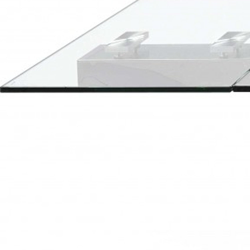 63" Clear and Silver Glass and Stainless Steel Self-Storing Leaf Dining Table