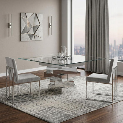 59" Clear And Gray Square Glass And Solid Wood Pedestal Base Dining Table