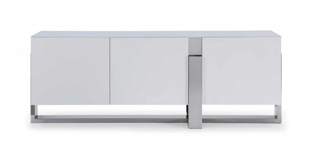 91" White Glass and Stainless Steel Frame Console Table