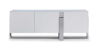 91" White Glass and Stainless Steel Frame Console Table