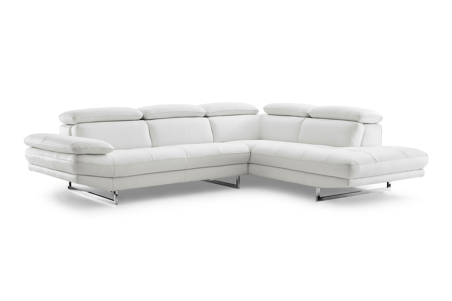 111" White Top Grain Leather Sofa Chaise With Silver Legs
