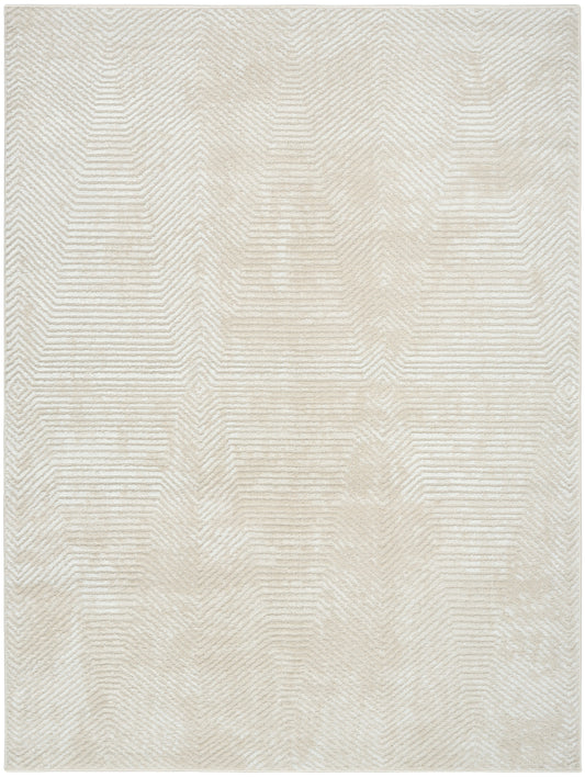 Beige area rug with subtle chevron/herringbone texture in soft neutral tones; modern, versatile decor.
