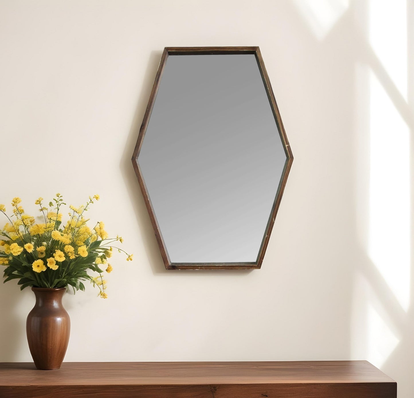 28" Brown Hexagonal Framed Accent Mirror