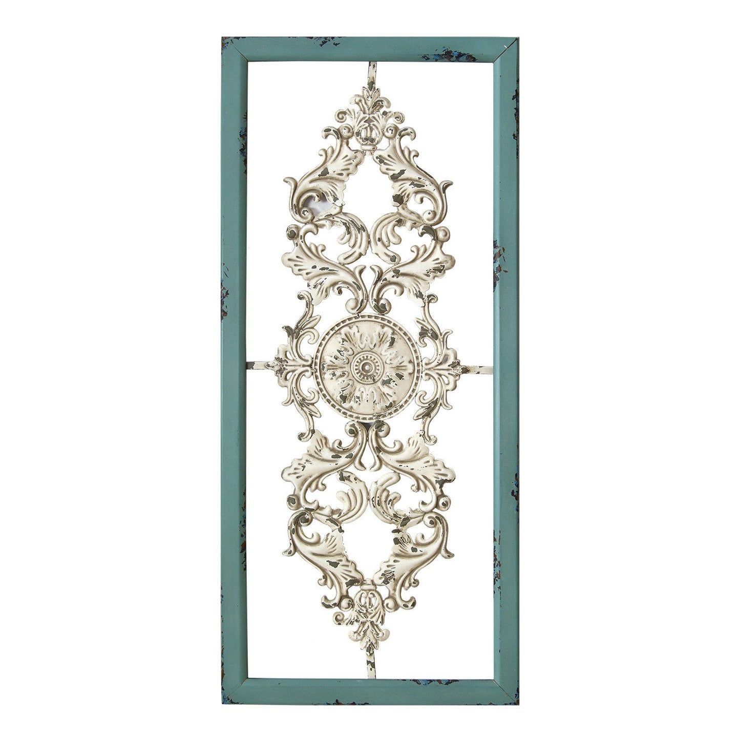 36" Teal and White Wood and Metal Distressed Panel Wall Decor